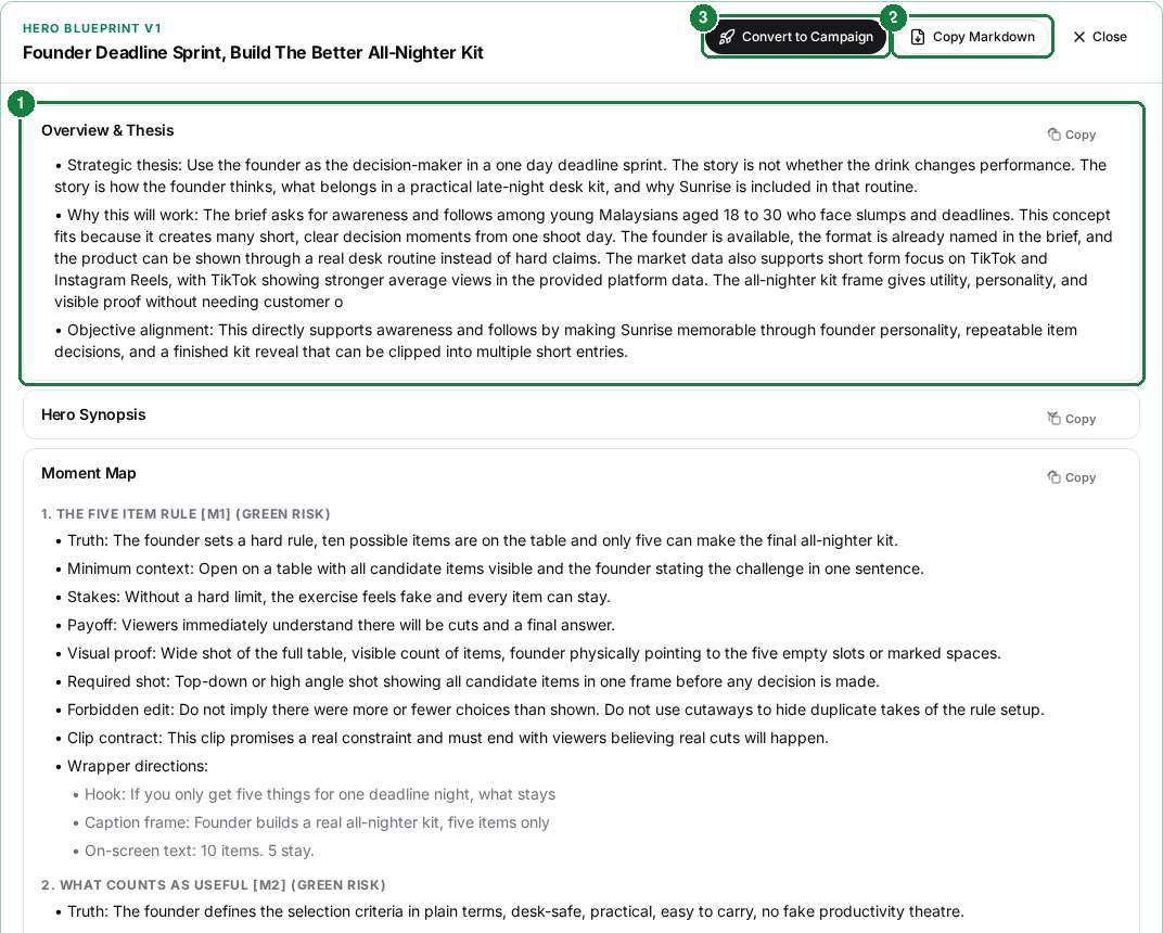 Blueprint view with section accordion, copy markdown and convert buttons numbered