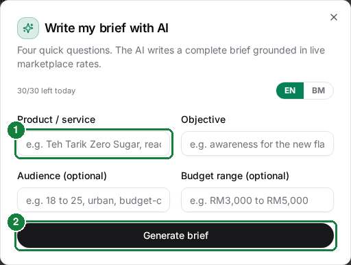Brief writer dialog with product input and Generate button numbered