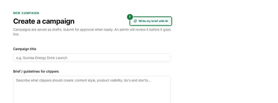 Create a campaign page with the Write my brief with AI button highlighted