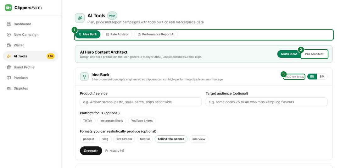 AI Tools page with Idea Bank tab, Quick Ideas toggle and quota highlighted