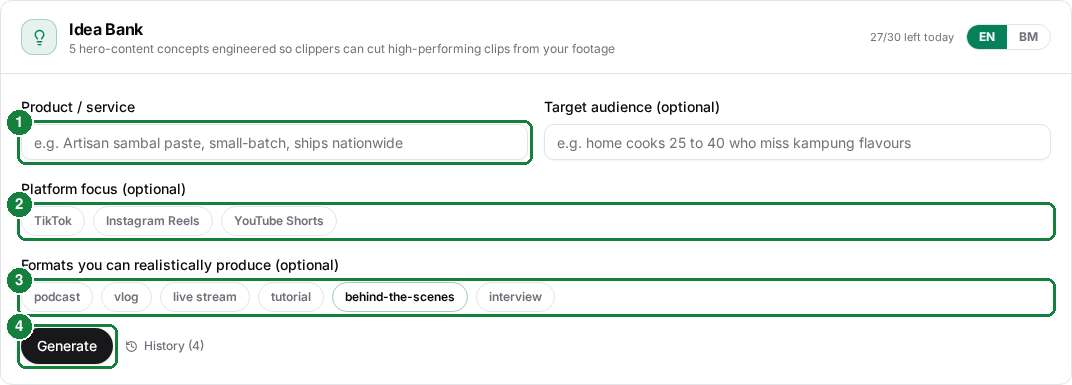 Quick Ideas form with product input, platform chips, format chips and Generate button numbered