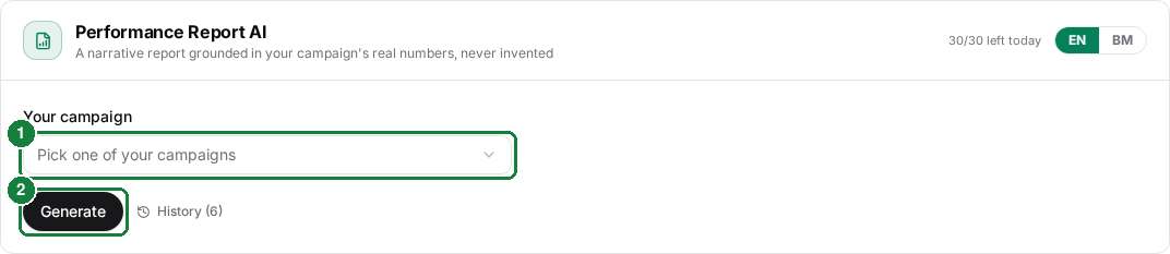 Performance Report form with campaign select and Generate button numbered
