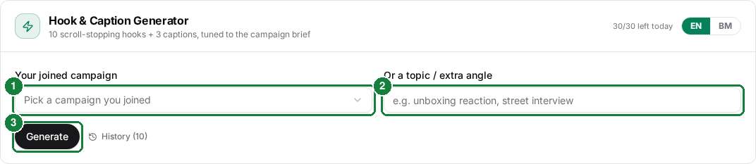 Hook generator form with campaign select, topic input and Generate button numbered