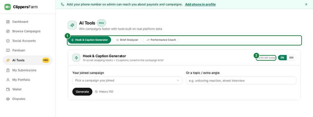 Clipper AI Tools page with tool tabs and quota highlighted