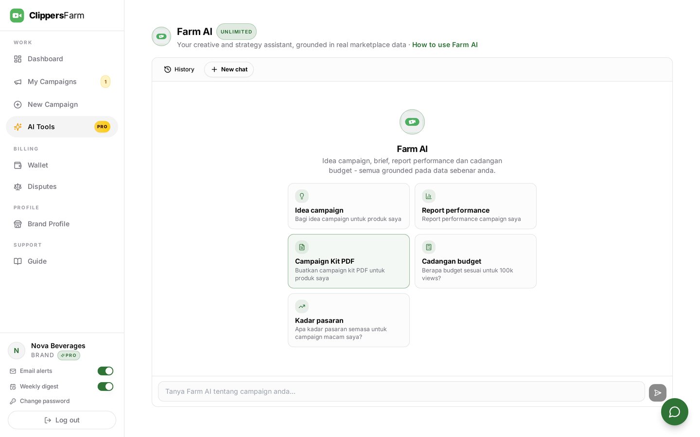 Farm AI chat for a brand with starter chips for ideas, reports, campaign kit PDF and budget guidance