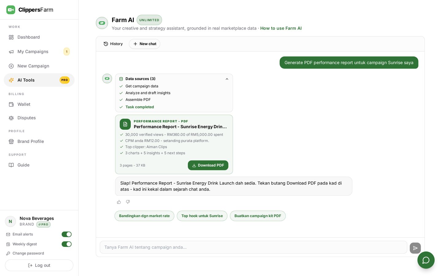 Farm AI executing a PDF task with live checkmarks, then showing the Performance Report card with real numbers and a Download PDF button