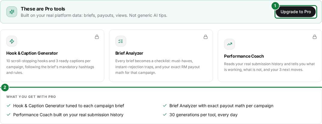 Locked AI tools view after free trials run out, with the Upgrade to Pro button and benefits highlighted