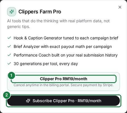 Upgrade dialog showing Clipper Pro at RM19 per month with Stripe checkout