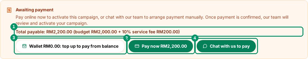 Awaiting payment panel showing the total payable breakdown, pay now button, wallet option and chat with us button