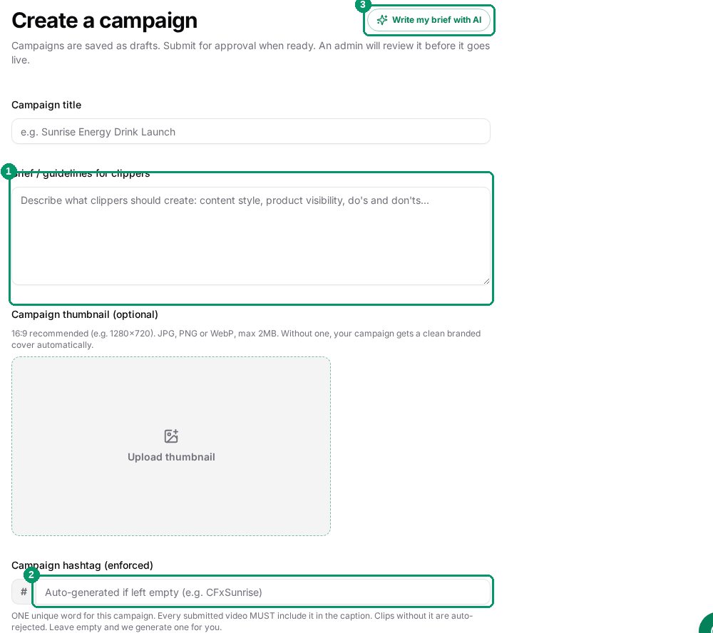 Create a campaign form with the brief field, enforced hashtag input and AI brief writer button highlighted
