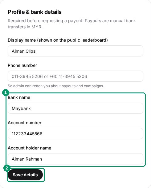 Profile and bank details card with the bank fields and save button highlighted